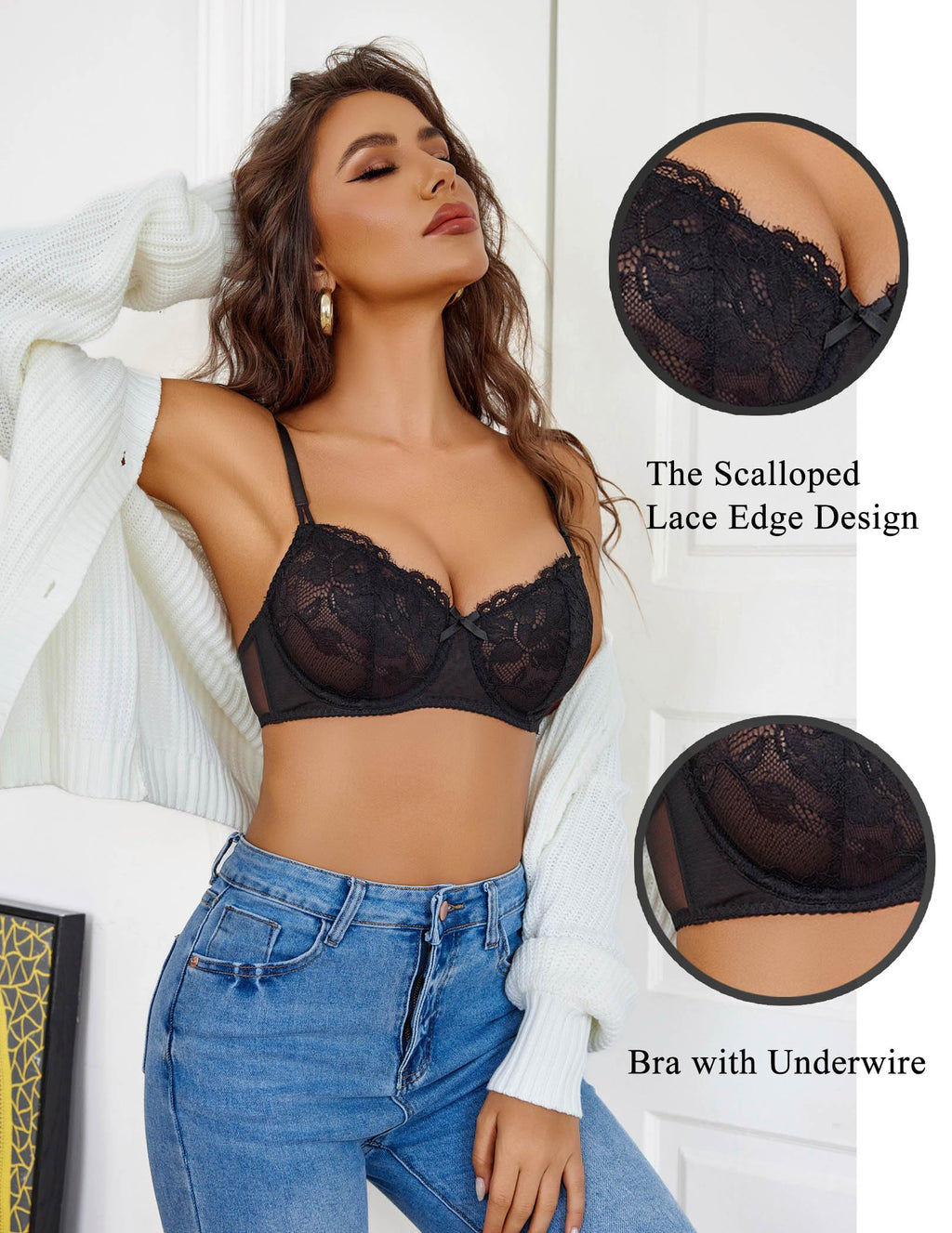 Avidlove Women's Sexy Lace Bra Sheer Balconette Underwire Unlined Everyday Bras Lingerie Black